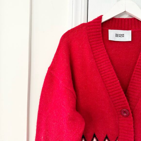 Silvian Heach NWT Red Haute Holiday Fair Isle Button Cardigan XS Wool Blend - Picture 3 of 13